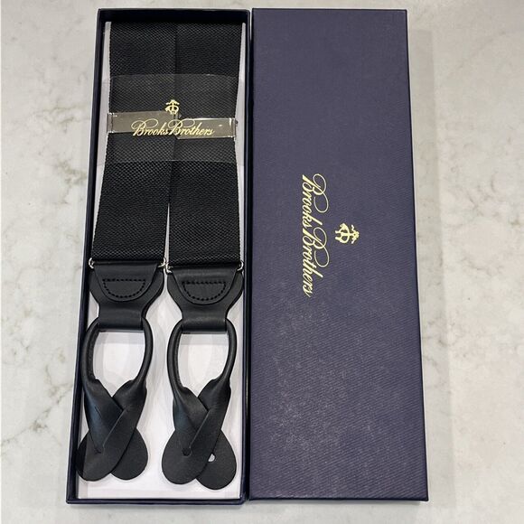 BROOKS BROTHERS NEW Solid Black Nylon Leather Suspenders Braces Silver Tone